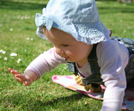 bébé rampe dans l'herbe