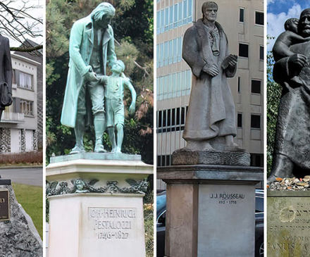 statues de Rousseau, Pestalozzi, Decroly et Korczak