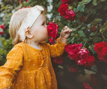 Bébé sentant le parfum d'une fleur